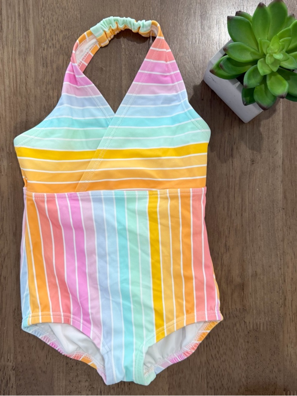 Hanna Andersson Pastel Rainbow Stripe Halter One-Piece Swim